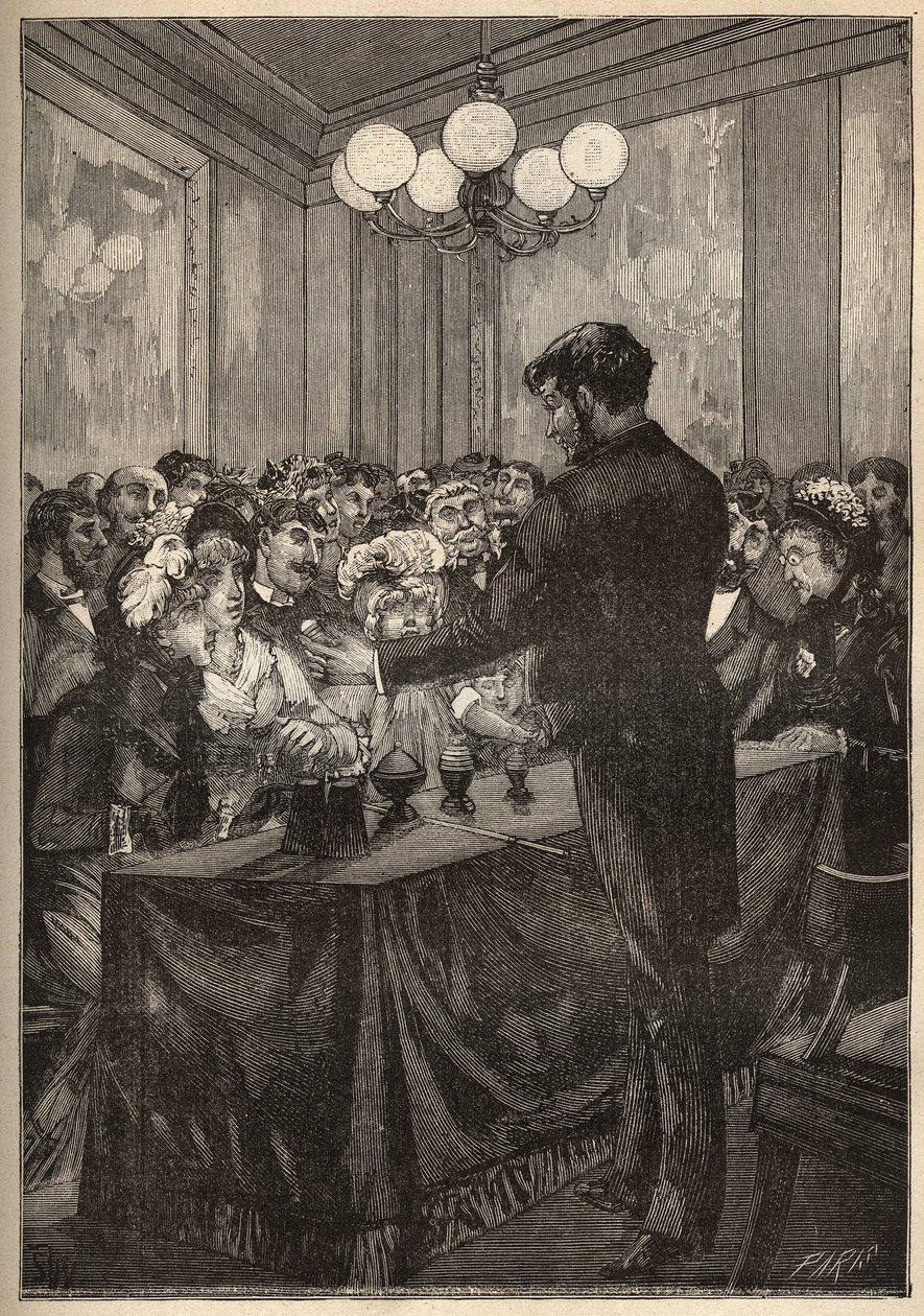 En magiker som använder en muskotlåda för att få en boll att dyka upp och försvinna. Gravyr från 1885 i "" Les arts et metiers illustres"" av Adolphe BITARD. av Unknown artist