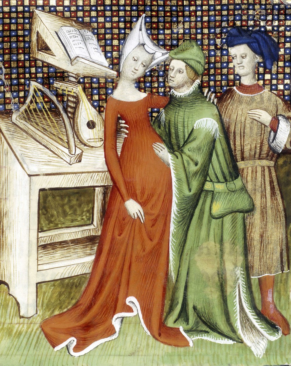 En man håller en kvinna (gravid?) i famnen och med handen vilande på sin rundade mage. En annan karaktär tittar på scenen. Bakom dem läggs ett partitur på ett skrivbord med en luta och en harpa. 1400-tals miniatyr. av Unknown artist