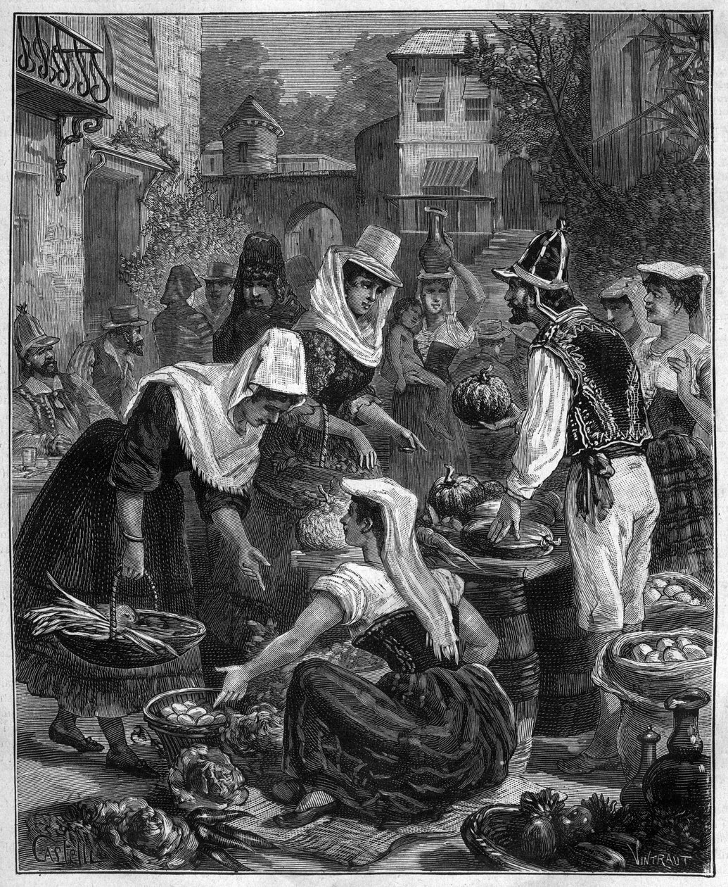 En marknadsdag på Teneriffa (Teneriffa) på Kanarieöarna i Atlanten - En dag av vandring på Teneriffa (Teneriffa) på Kanarieöarna i Atlanten - gravyr av 1888 av Unknown artist