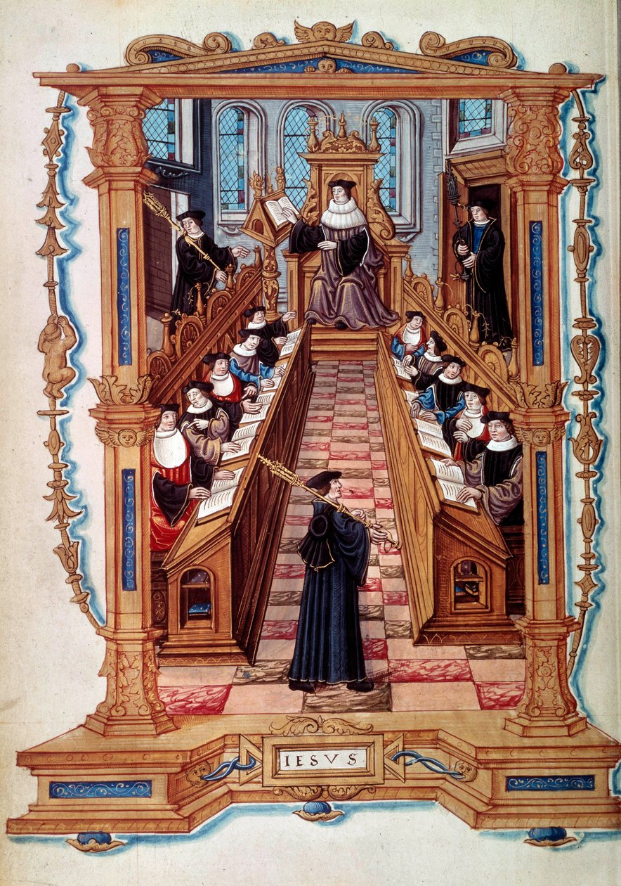 En mästardomstol i ett rum vid Sorbonne-universitetet i Paris under medeltiden. Från en miniatyr. 1500-talet av Unknown artist