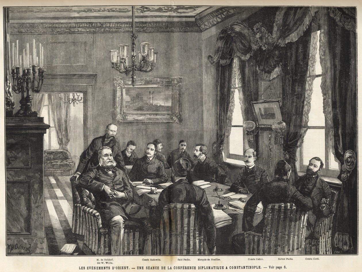 Ett möte för den europeiska konferensen i Konstantinopel Serbien-Bulgariska kriget, Turkiet - Serbo-Bulgariska kriget - Ett möte för den diplomatiska konferensen i Konstantinopel - 1885 - i det lysande universum 1886 (Alexander av Nalidov (Nelidoff) (1835- av Unknown artist