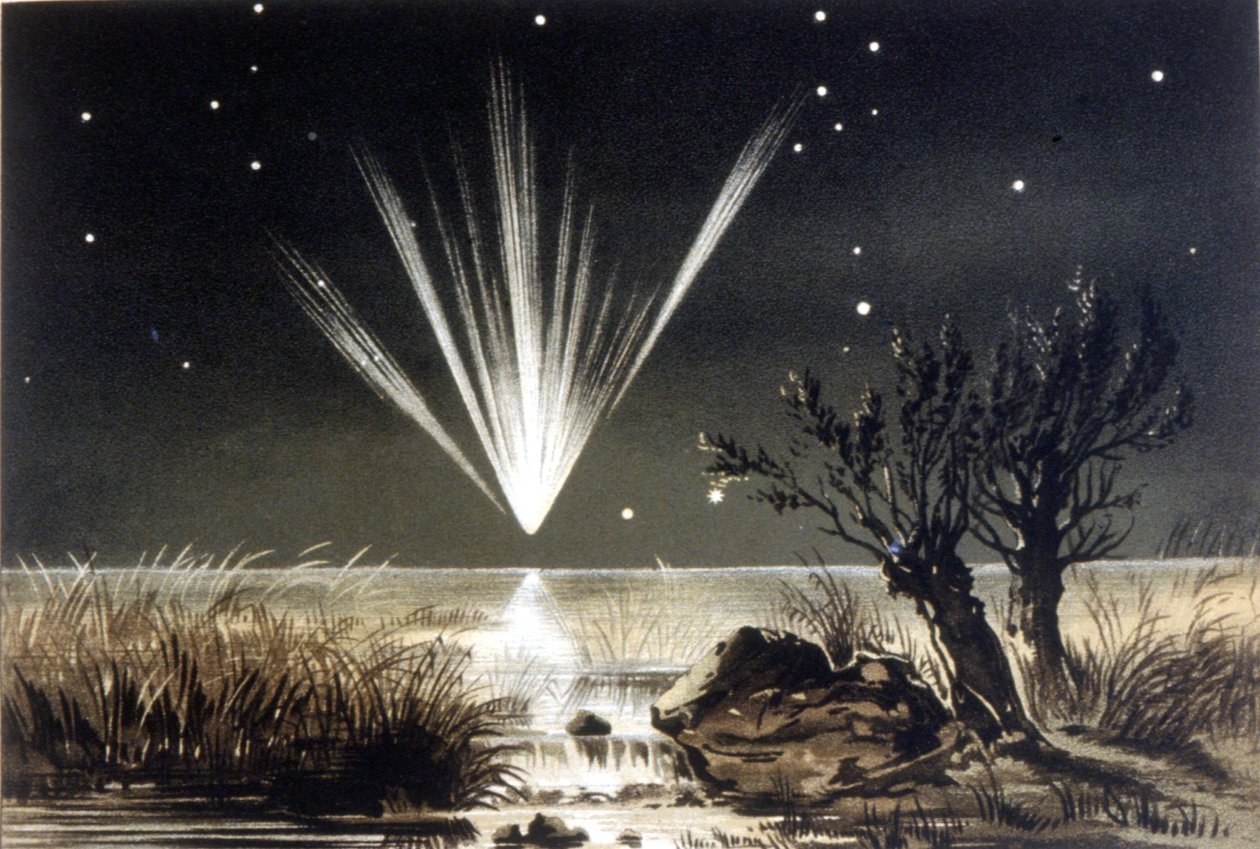 En meteorit faller i havet. Färglitografi från slutet av 1800-talet av Unknown artist