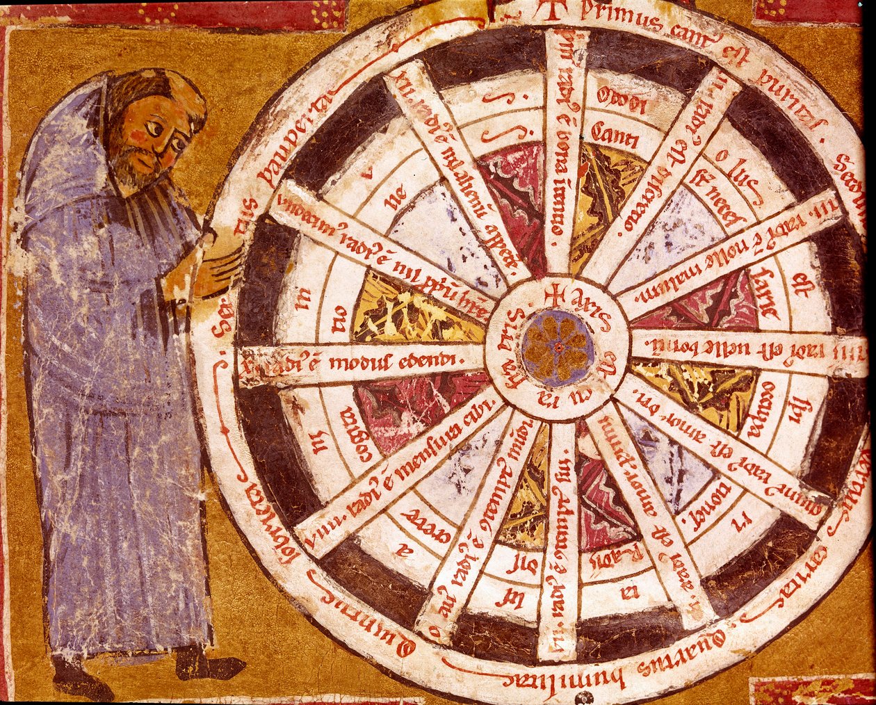 En munk nära det religiösa livets hjul Miniatyr från Hugo de Sancto Victores "verk" (Hugh av St. Victor) (ca 1096-1141) 1100-talets Biblioteca Governativa, Cremona av Unknown artist