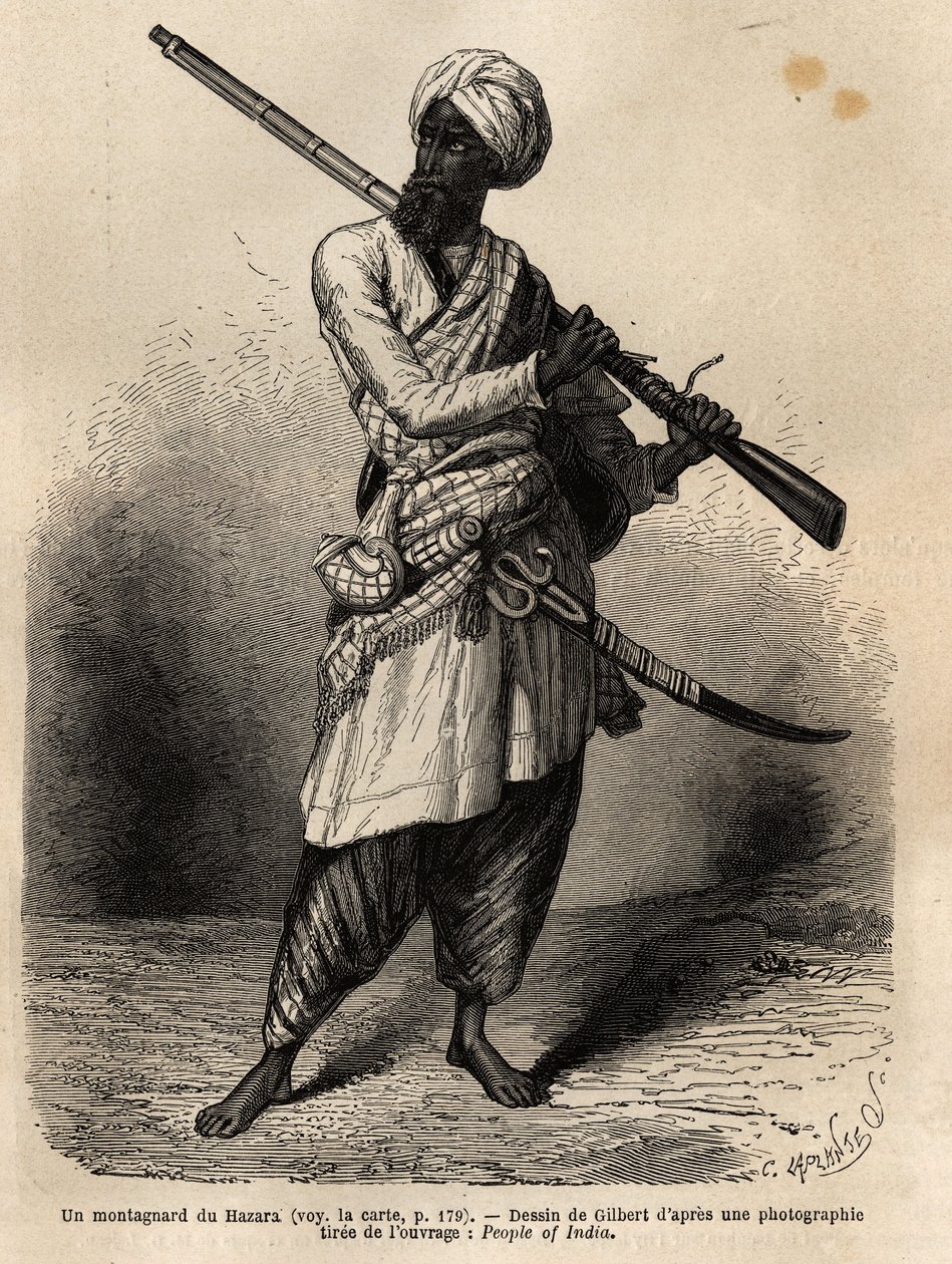En bergsbestigare från Hazara (Punjab, Indien). Gravyr för att illustrera resan till Pandjab och Kashmir, berättelse av Guillaume Lejean, 1866, publicerad i "Le tour du monde, nouveau journal des voyages", under ledning av Edouard Charton av Unknown artist