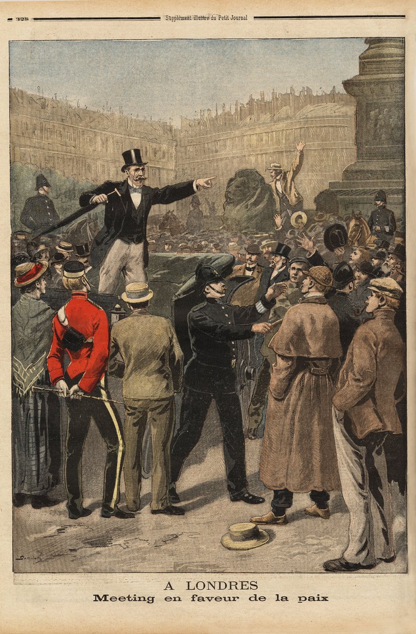 Ett fredsmöte i Transvaal, Trafalgar Square, London. Gravyr i "" Le petit journal"" 8/9/1899. Selva samling. av Unknown artist