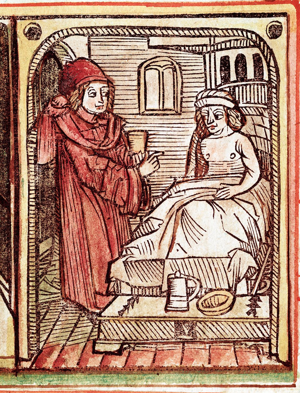 En läkare ger sin patient en behandling gjord med medicinalväxter Gravyr från "Tractatus de pestilentia"" 1400-talet - Prag, Nationalbiblioteket av Unknown artist