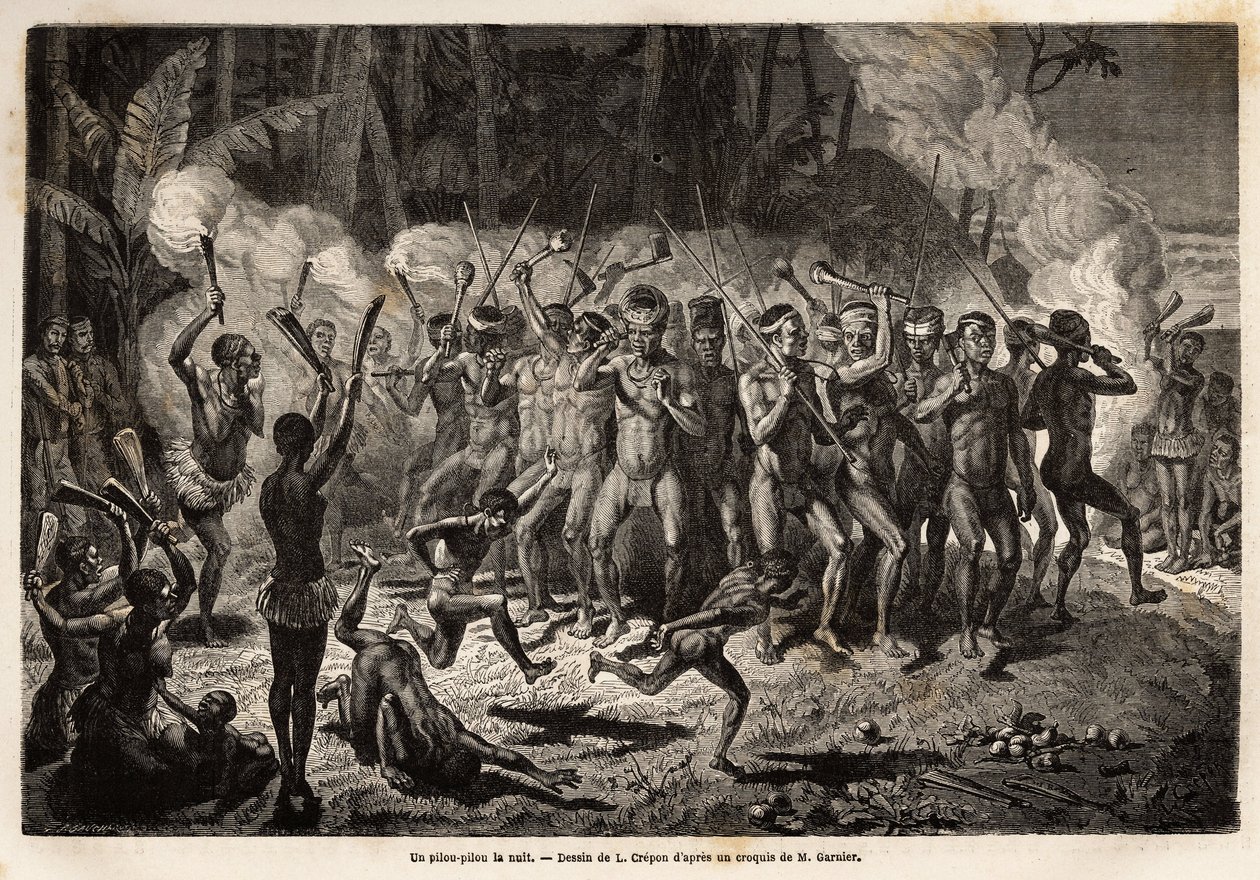 En pilou-pilou (eller piller eller piller) på natten, en traditionell dans av kanak stamceremonier. Gravyr för att illustrera resan till Nya Kaledonien, av Jules Garnier, gruvor civilingenjör, 1863-1866, publicerad i "Le tour du monde, nouveau jour av Unknown artist