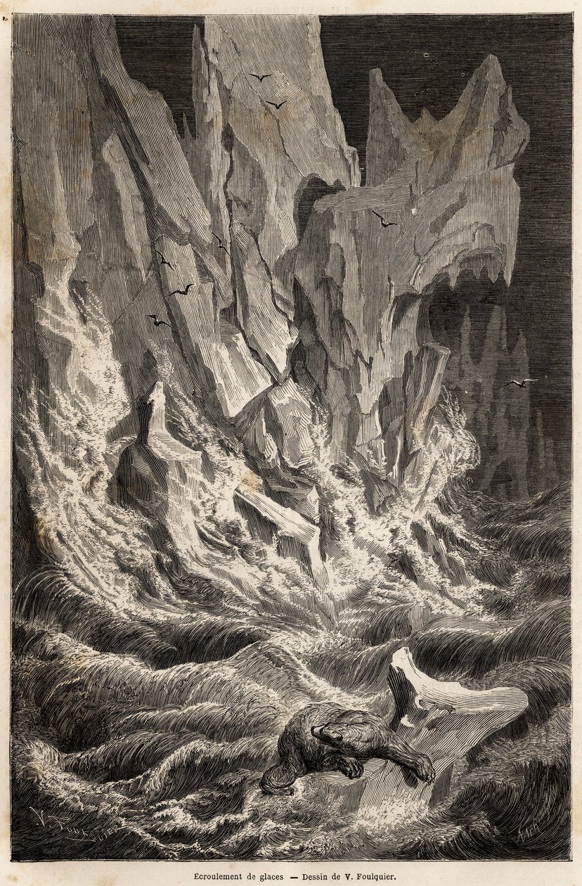 En isbjörn kommer från ett isberg efter kollapsen av ett isblock från Spitzberg, en arkipelag i Ishavet, ritad av V.Foulquier, för att illustrera Spitzberget 1838-1839, av Charles Martins. Gravyr i "" Le tour du monde", redigerad av av Unknown artist