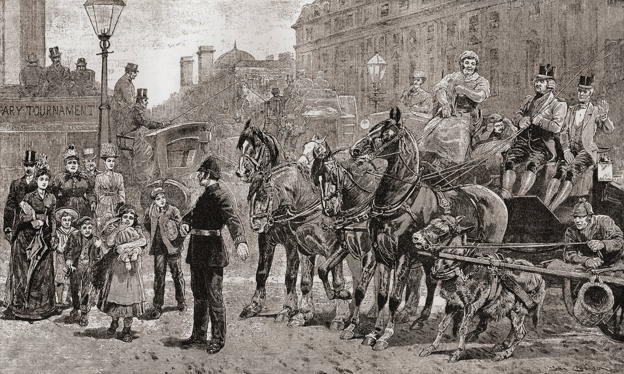 En polis stoppar trafiken på ett trafikerat övergångsställe för att låta fotgängare korsa vägen, London, England av Unknown artist