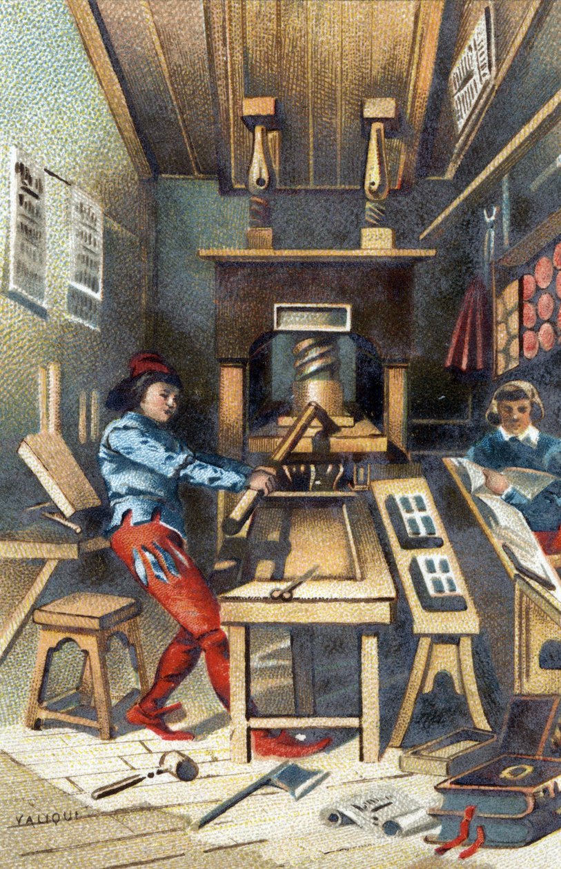 Ett tryckeri på 1400-talet. av Unknown artist