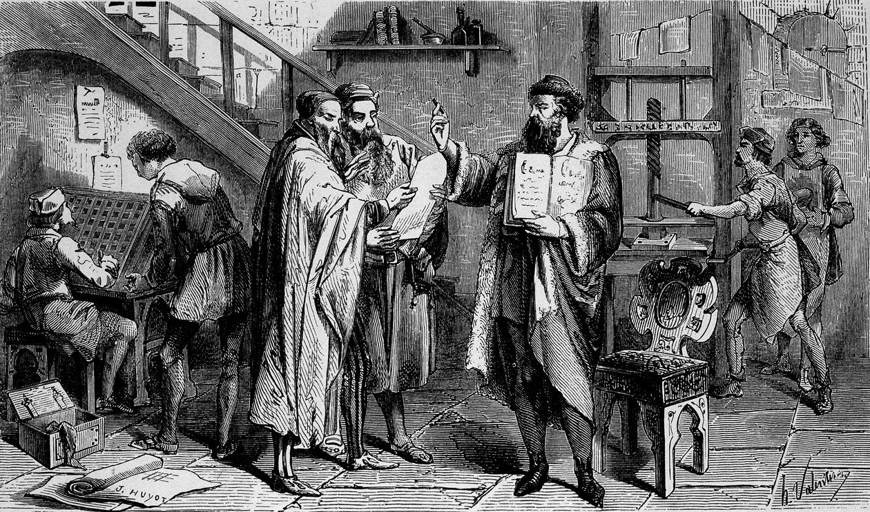 Ett tryckeri på 1400-talet, gravyr 1800-talet. av Unknown artist
