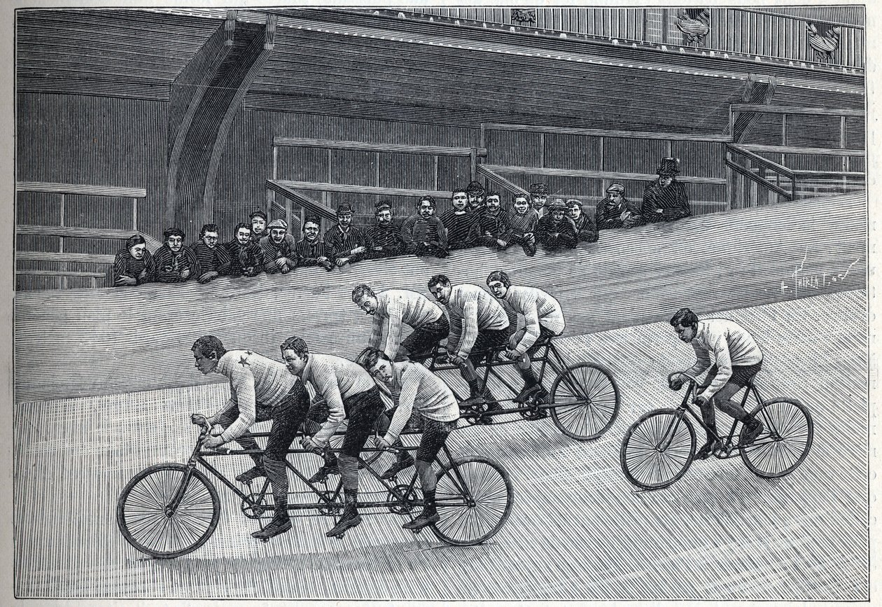 En rekordman cyklist med sina tränare på tripletttåg på en cykelbana. Gravyr i "" La Nature"" av Unknown artist