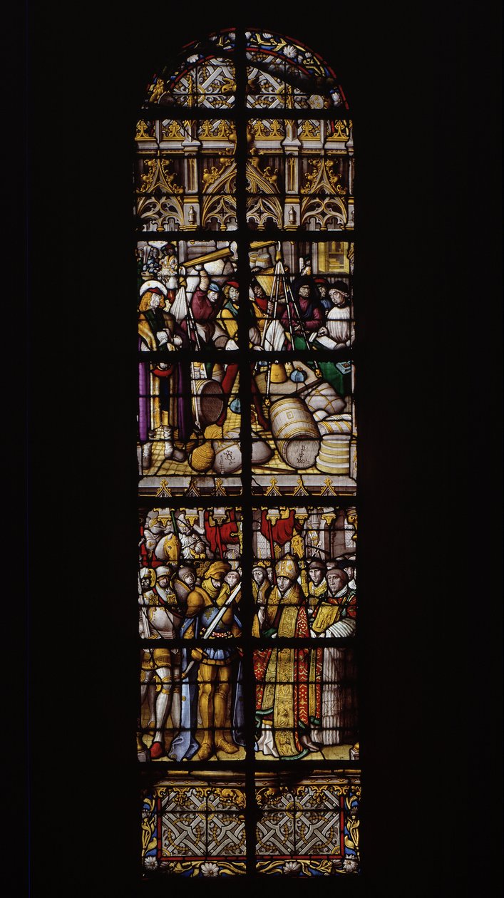 En rätt till vikter och mått, garanterad genom närvaron av en lämplig kontrollant (överst). Chilperic välkomnades av evequen i Tournai efter nederlaget av sin bror Sigebert (nederst). Målat glas vid Cathedrale de Tournai: Transept höger (3). av Unknown artist