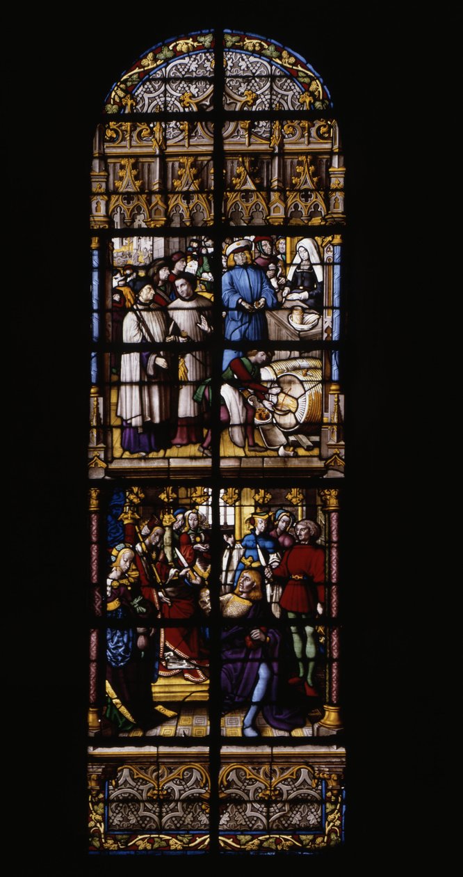 En royalty på försäljning av vin, var och vid disken (överst). Till guldpris, Fredegonde beväpnad med en förgiftad dolk två shekar av Therouanne (låg). Målat glas vid Cathedrale de Tournai: Transept höger (4). av Unknown artist