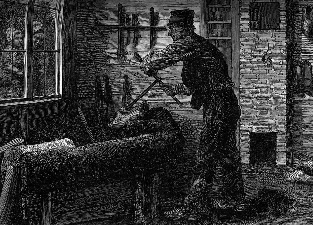 En sabotier på jobbet i sin verkstad i Belgien, gravering i journalen "" la jeunesse"" av Unknown artist