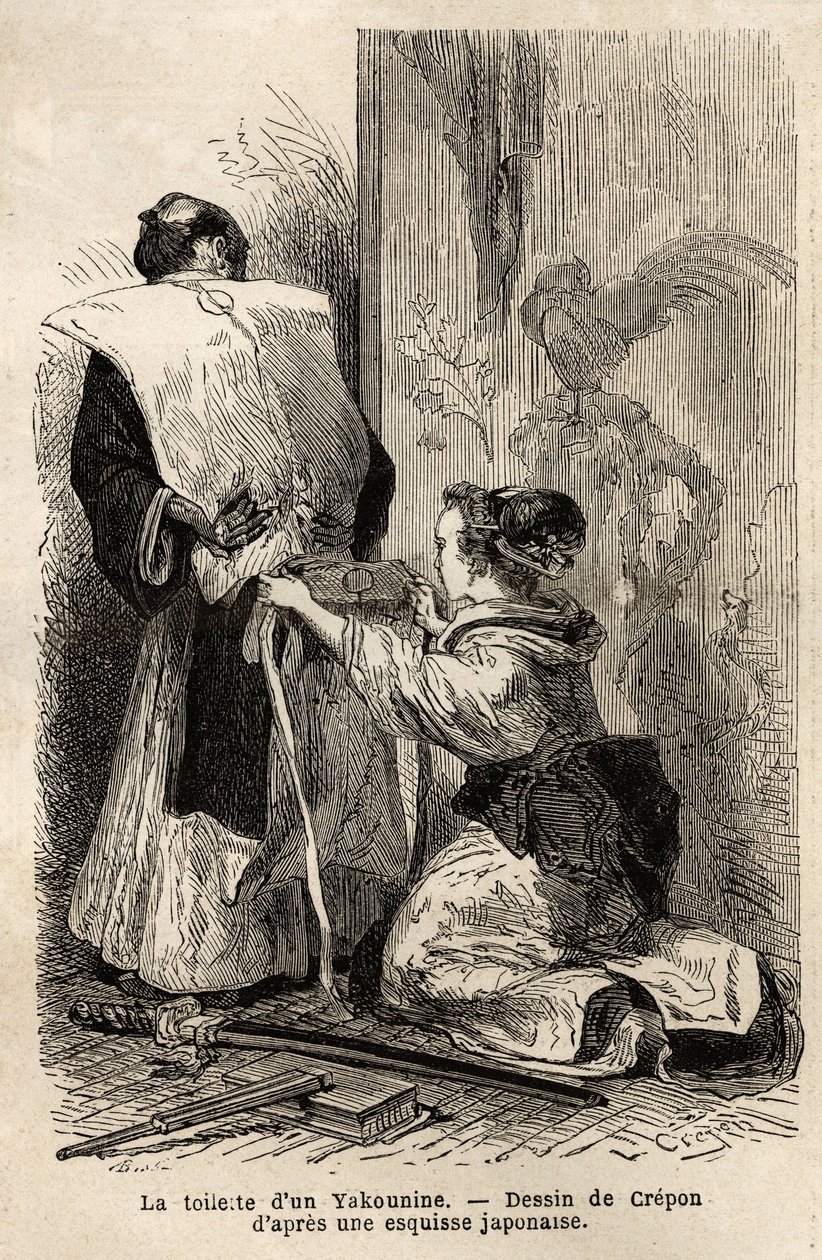 En samurajs toalett, en ung piga hjälper henne att knyta sin kimono. Gravyr för att illustrera resan till Japan, 1863-1864, av Aime Humbert, minister för Schweiziska edsförbundet, i "" Le tour du monde, nouveau journal des voyages"" publicerad under lednin av Unknown artist