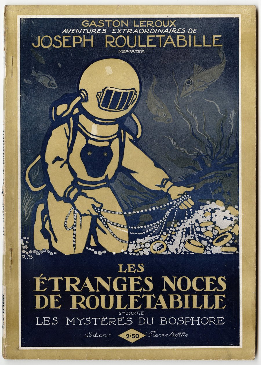 En scaphandrier upptäcker en tresor på havets botten, omslagsbild till romanen "Les etranges noces de Rouletabille, 2:a delen: les mysteres du Bosphorus" av Gaston Leroux (1868-1927), edition Pierre Lafitte, Paris av Unknown Artist