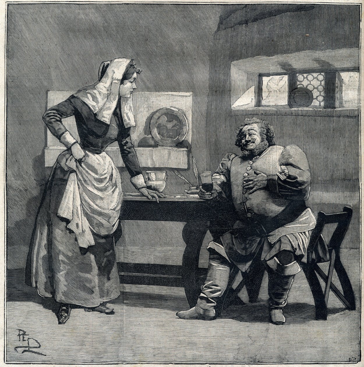 En scen av "Falstaff" från Operans eponym av Giuseppe Verdi skapades 1893. Gravyr i "" Le Parisien"" av Unknown artist