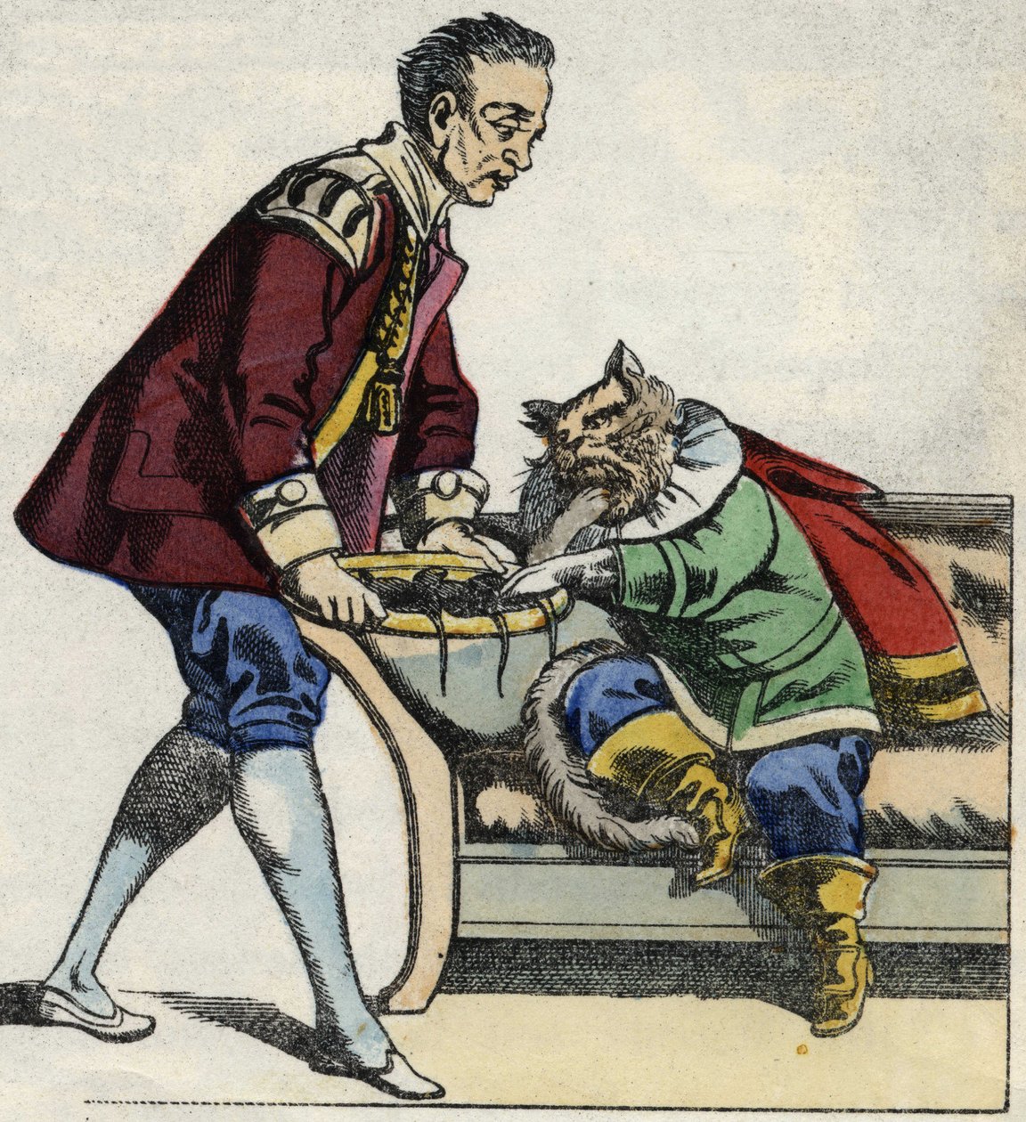 En tjänare serverar kattstövlarna en musbricka. Illustration av berättelsen "The cat botte" av Charles Perrault av Unknown artist