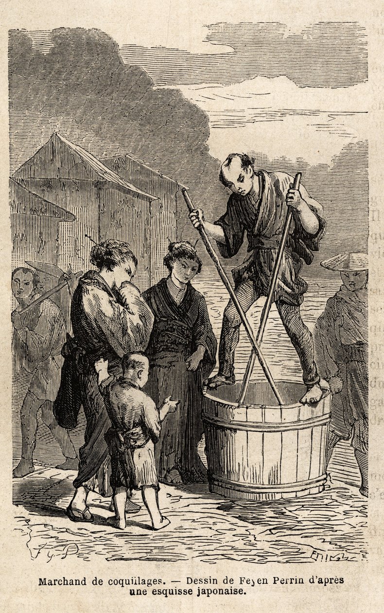 En snäckhandlare mitt på gatan reser sig i balans på tunnan som innehåller hans varor, som han släpar med två långa ätpinnar. Gravyr för att illustrera resan till Japan, 1863-1864, av Aime Humbert, minister för Schweiziska edsförbundet, i "L av Unknown artist