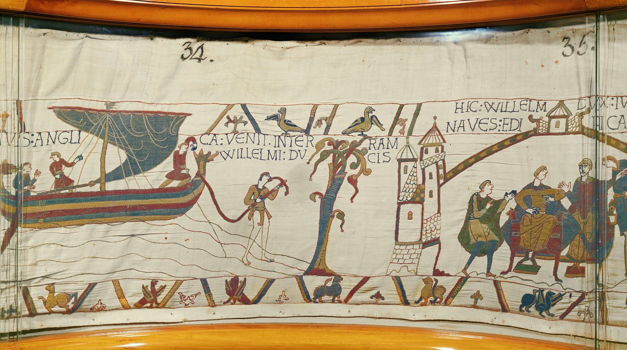 Ett skepp landar i Normandie och ger nyheter om Harolds kröning, Bayeux Tapestry (ullbroderi på linne) av Unknown artist