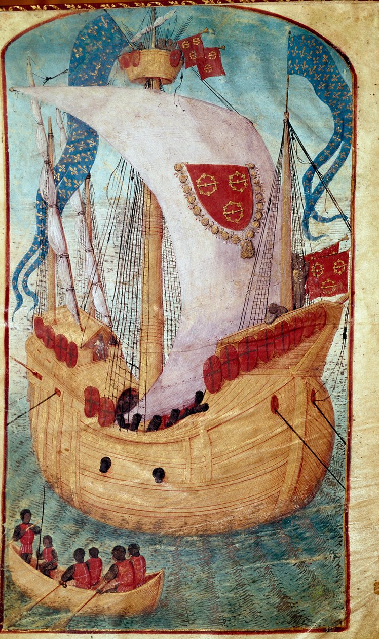 Ett skepp med segeldekorerade av Louis Malets (1441-1516) vapensköld, seigneur av Granville Miniature från Olivier de la Marche (1425-1502) 1483 Chantilly, Musee Conde av Unknown artist