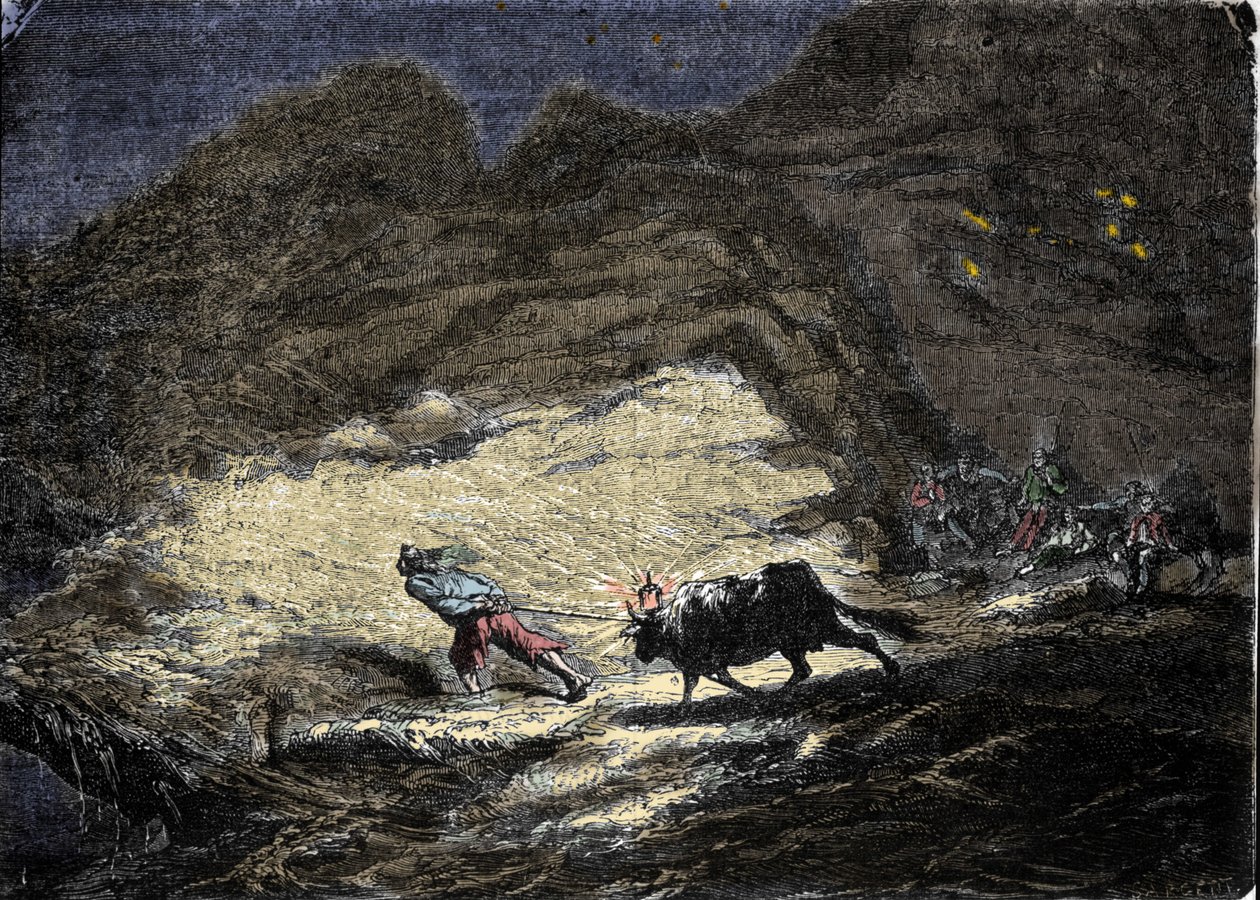 Ett skeppsvrak (pirat) använder ett ljus som hänger på huvudet av en oxe för att lura skepp som sedan närmar sig kusten och hamnar i dörren till plundrare. Gravyr av 1800-talet. av Unknown artist