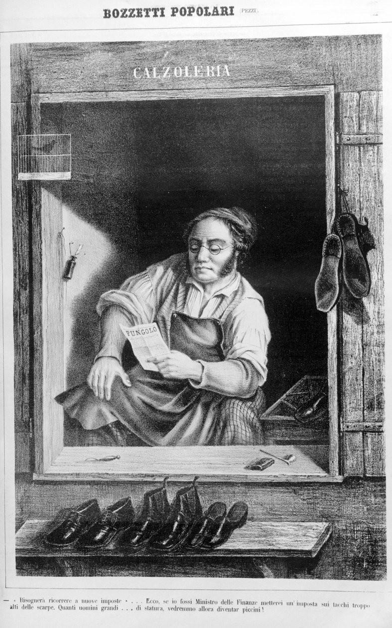 En skomakare på 1800-talet: Om vi lägger skatten på klackar för högt, hur många långa män skulle bli små... av Unknown artist