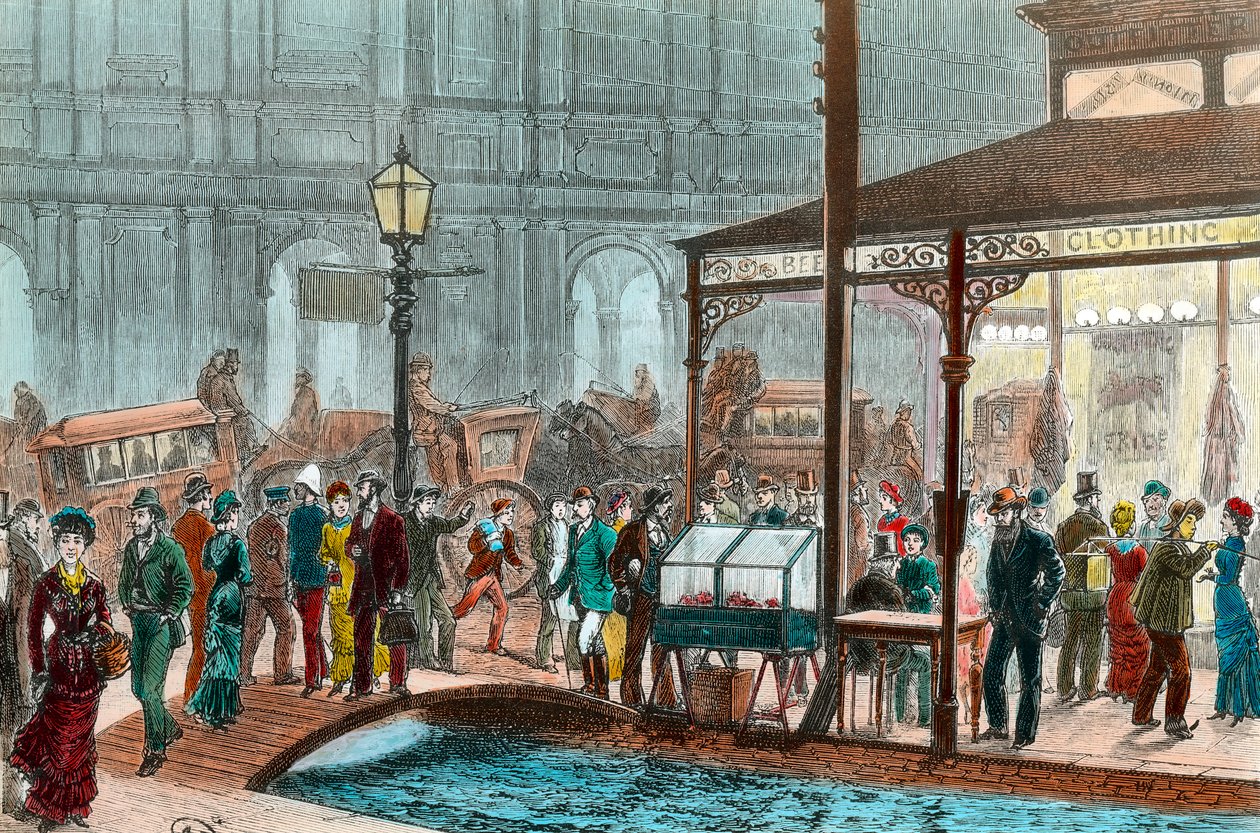 En gata i Melbourne på lördagskvällen, Australien. Förbipasserande går på bron. Gravyr av 1800-talet. Privat samling av Unknown artist