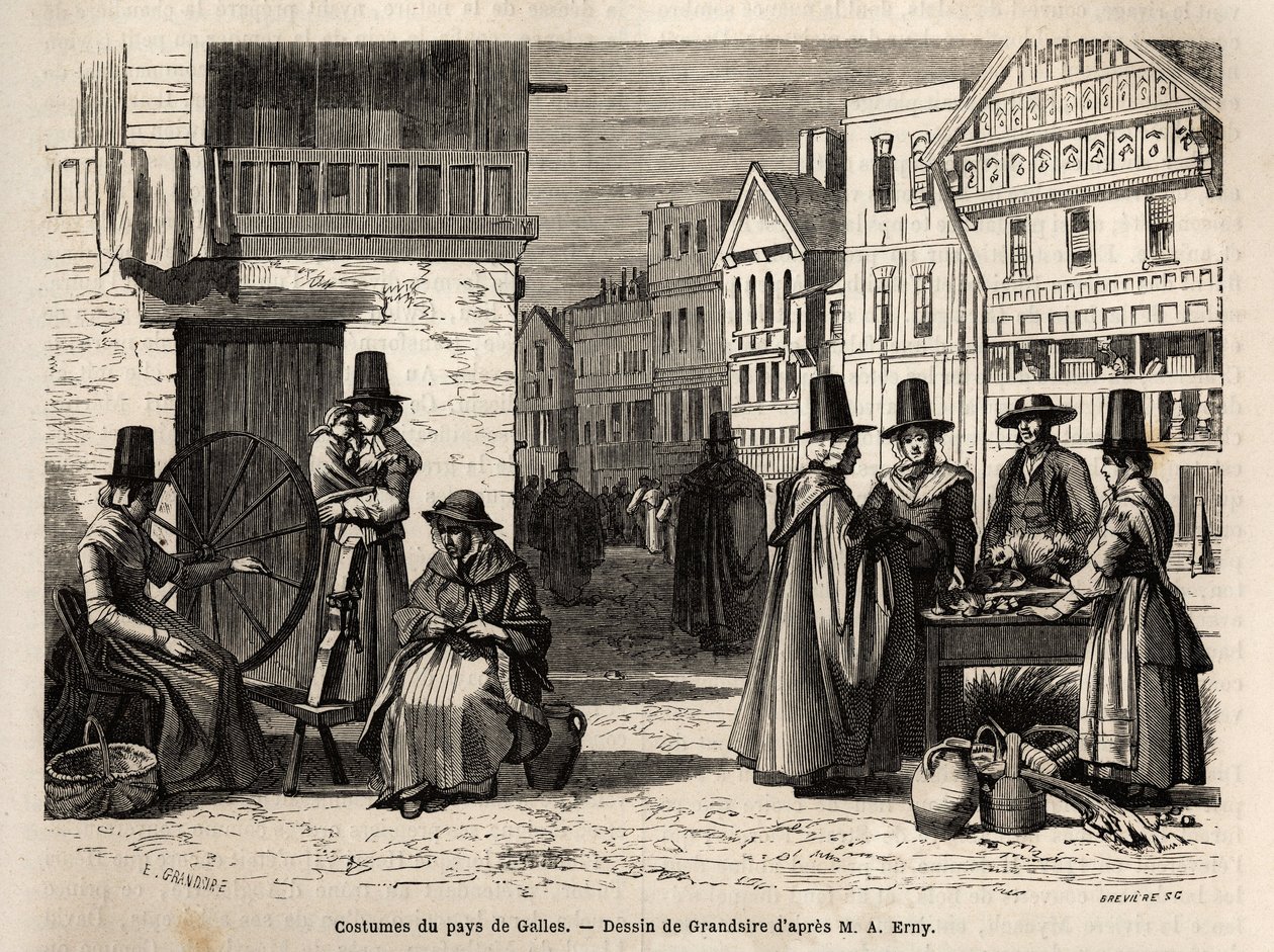En gata i Wales, med lokalbefolkningen klädda i traditionella dräkter och vardagsaktiviteter: en förstahandsfamilj och kvinnor som spinner ull med hjul. Engravure pour illustrrer un voyage dans le pays de Wales, en 1862, par Alfred Erny, i "Le tour du mond av Unknown artist