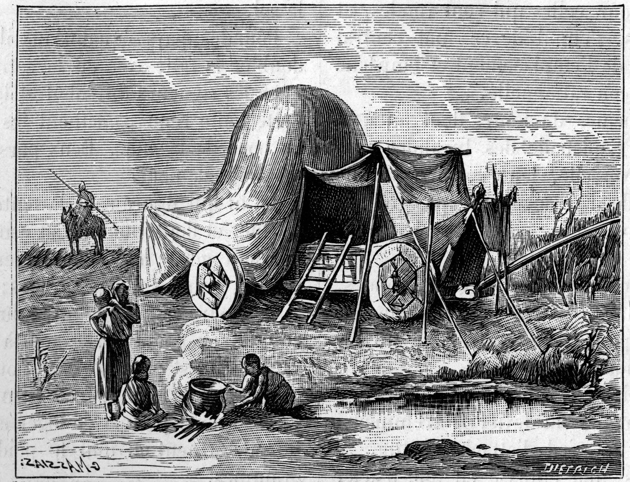 Ett tält monterat på en vagn från gallernas tid. Gravyr i "" La Nature: revue des sciences et de leurs applications aux arts et a l