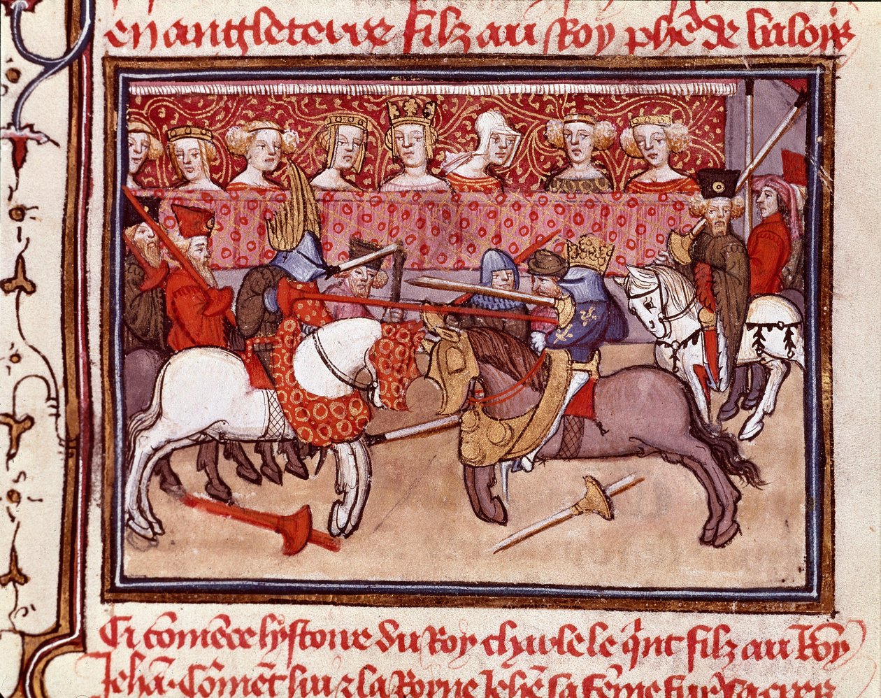 En riddarturnering vid tiden för kungen av Frankrike Karl V (1338-1380) Miniatyr hämtad från "" Les grandes Chronicles de France"" Chantilly från 1300-talet, Musee Conde av Unknown artist
