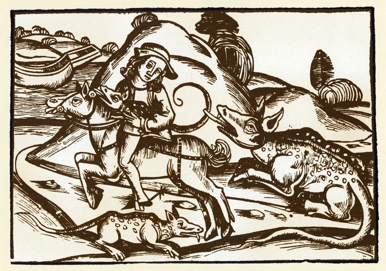 En resenär möter två monstruösa tigrar som ser ut som basilikan. Esopes fabler (gravyr, slutet av 1400-talet) av Unknown artist