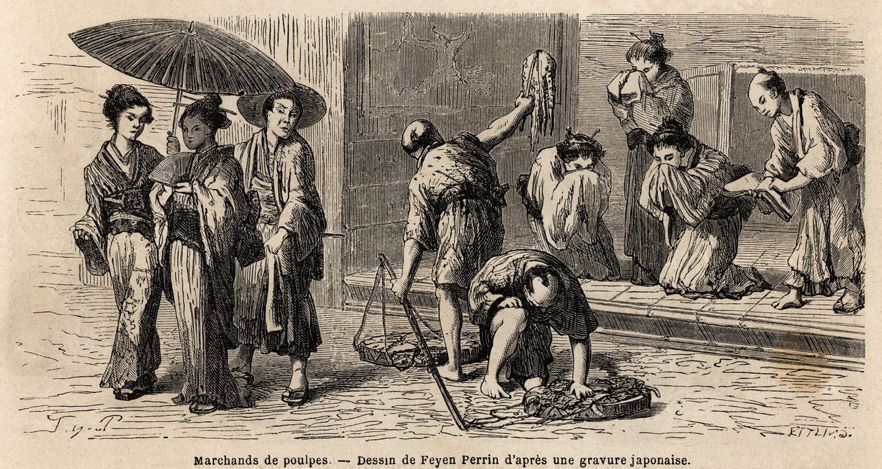 En resande bläckfiskhandlare erbjuder sina produkter till förbipasserande, på Edo Street (eller Yedo Street, nu Tokyo). Gravyr för att illustrera resan till Japan, 1863-1864, av Aime Humbert, minister för Schweiziska edsförbundet, i "Le tour du monde, nouv av Unknown artist