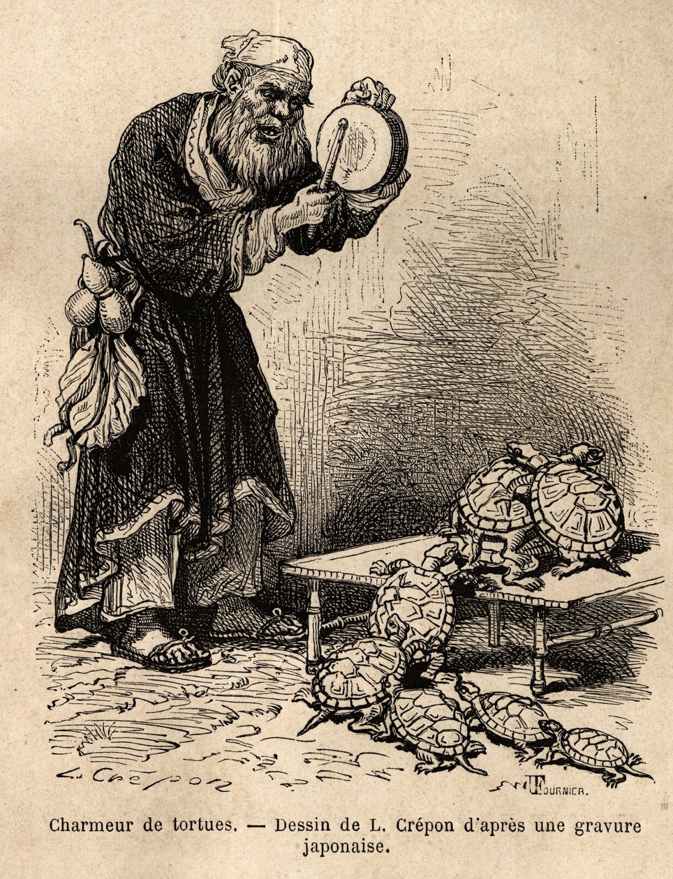 En sköldpaddstjusare, som tillhör den mellanliggande sylten mellan tiggare och älvor. Gravyr för att illustrera resan till Japan, av Aime Humbert, minister för Schweiziska edsförbundet, 1863-1864, publicerad i "" le tour du monde", under direkt av Unknown artist