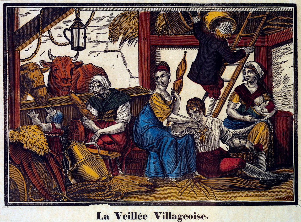 En bys nattliv: en familj av bönder i en lada. Gravyr av 1800-talet. Paris, B.N. av Unknown artist