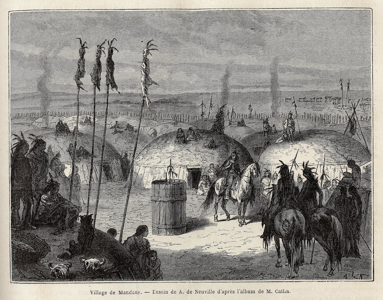 En by av Mandans indianer (eller nouma ka kie: fasaner) på vänstra stranden av Missouri, 600 ligor från staden Saint Louis. Gravyr för att illustrera en utflykt bland indianstammarna i Colombia och Upper Missouri, av G. Catlin, i 1 av Unknown artist
