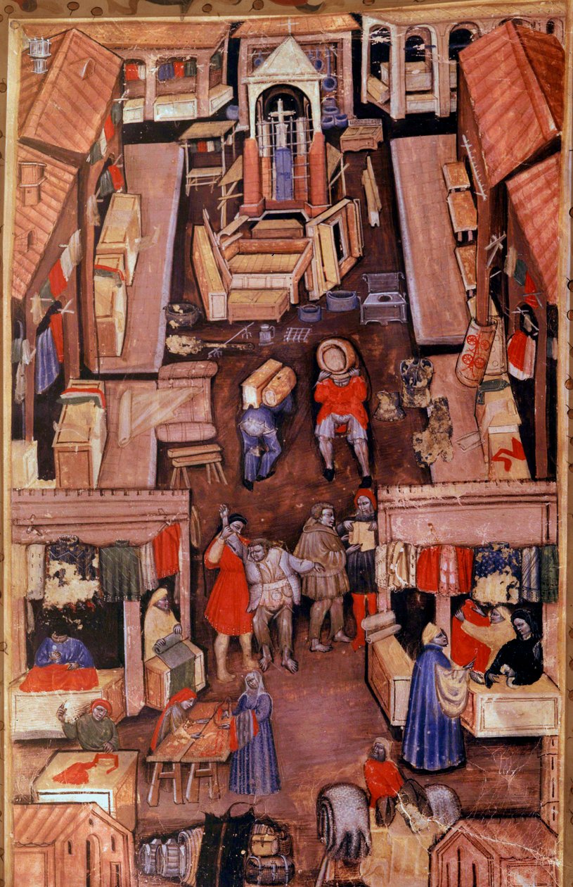 En promenad: draperier, skräddare, klädhandlare i en fransk stad. Överst, konstruktion av en miniatyrkyrka från ett 1400-talsmanuskript Paris, B.N. av Unknown artist