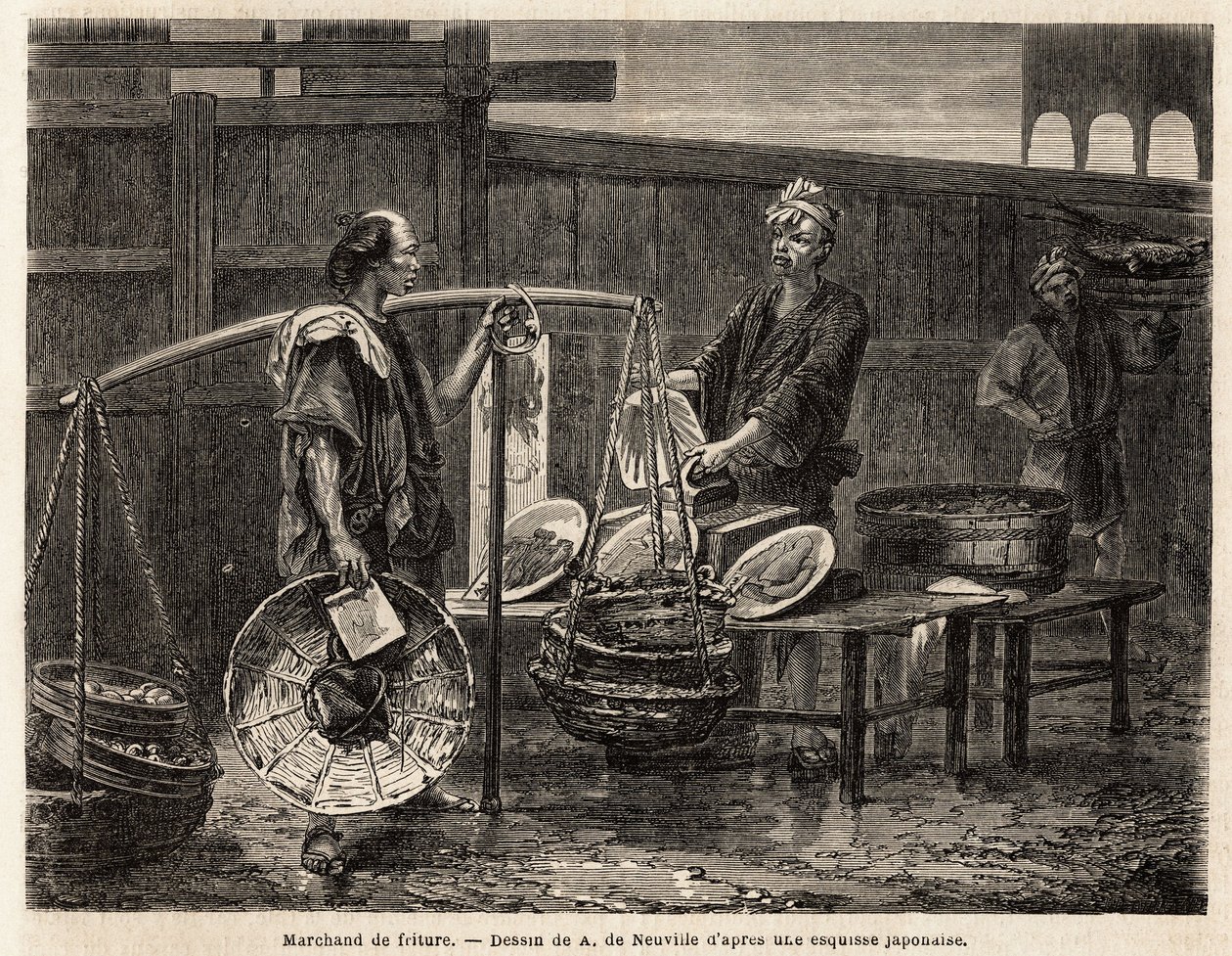 En gående friterihandlare, bär sina munkar på korgar och reser till marknaden för att sälja, till de andra köpmännen, lunch. Gravyr för att illustrera resan till Japan, 1863-1864, av Aime Humbert, minister för Schweiziska edsförbundet, i "Le tour du mond av Unknown artist