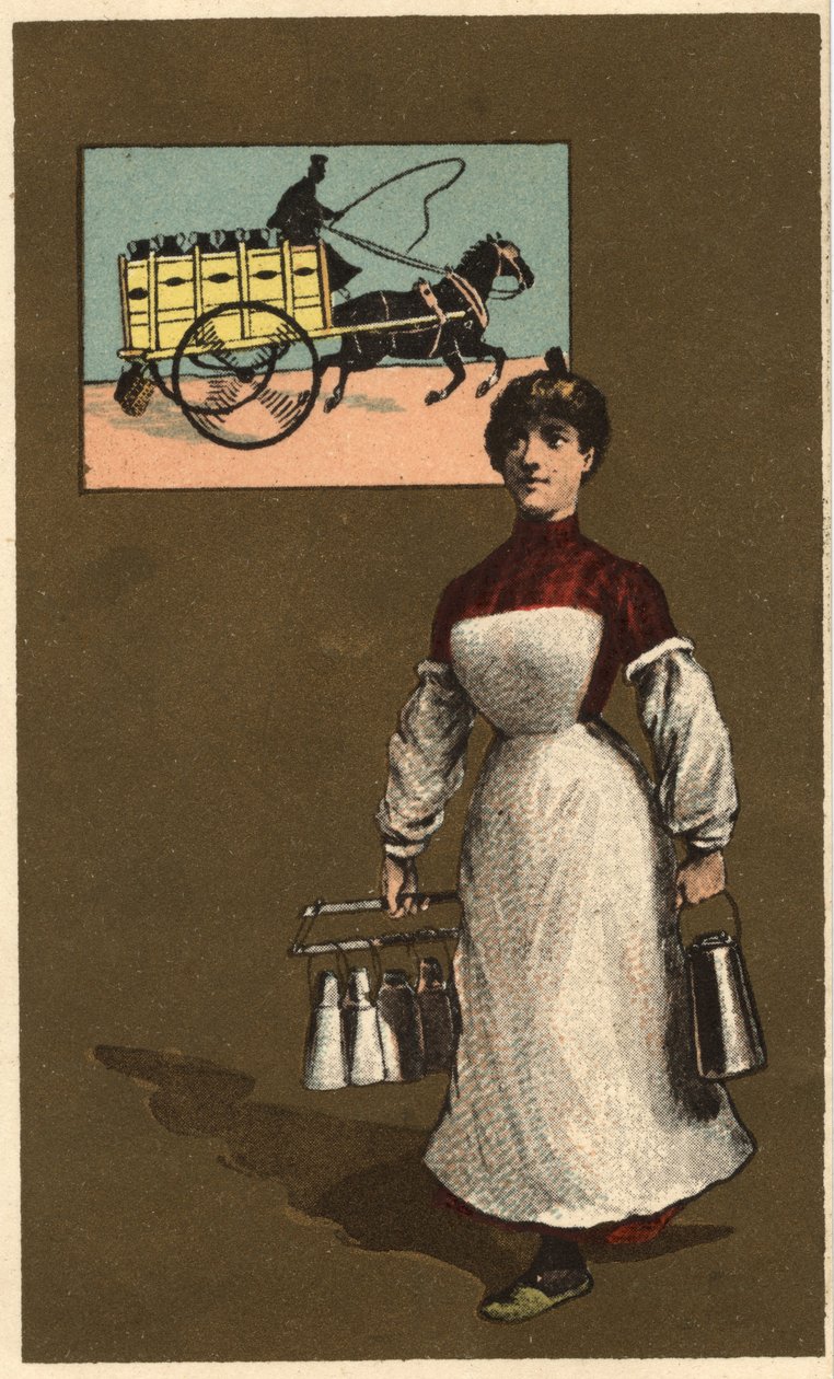 En vandrande mjölkhandlare (leverans eller mejeri). Anonym kromolitografi, sent 1800-tal. av Unknown artist