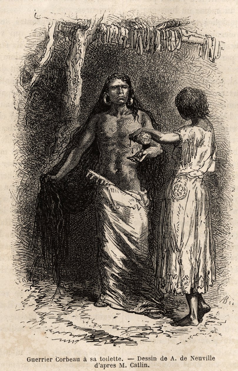 En krigare av indianstammen Crow (kråkor), som bor längs Lewisfloden och gör sin toalett. Gravyr för att illustrera en utflykt bland indianstammarna i Colombia och Upper Missouri, av G. Catlin, 1855, publicerad i "" le tour du monde"" av Unknown artist