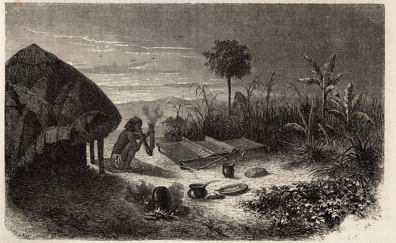 En vävare och hans vävare, på stranden av floden Zambeze. Gravyr för att illustrera Dr. Livingstones första resor till södra Afrika från 1840 till 1856, i "Le tour du monde, nouveau journal des voyages"" publicerad under ledning av Edouard Charton av Unknown artist