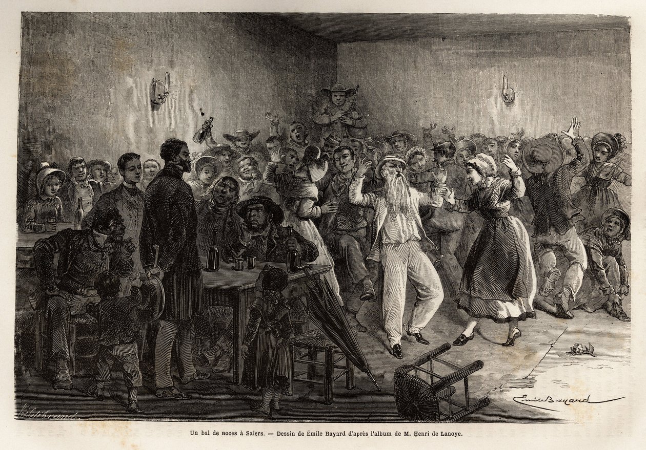 En bröllopsbal i Salers, gravyr för att illustrera en resa till vulkanerna i centrala Frankrike 1864, i "Le tour du monde, nouveau journal des voyages"" publicerad under ledning av Edouard Charton av Unknown artist