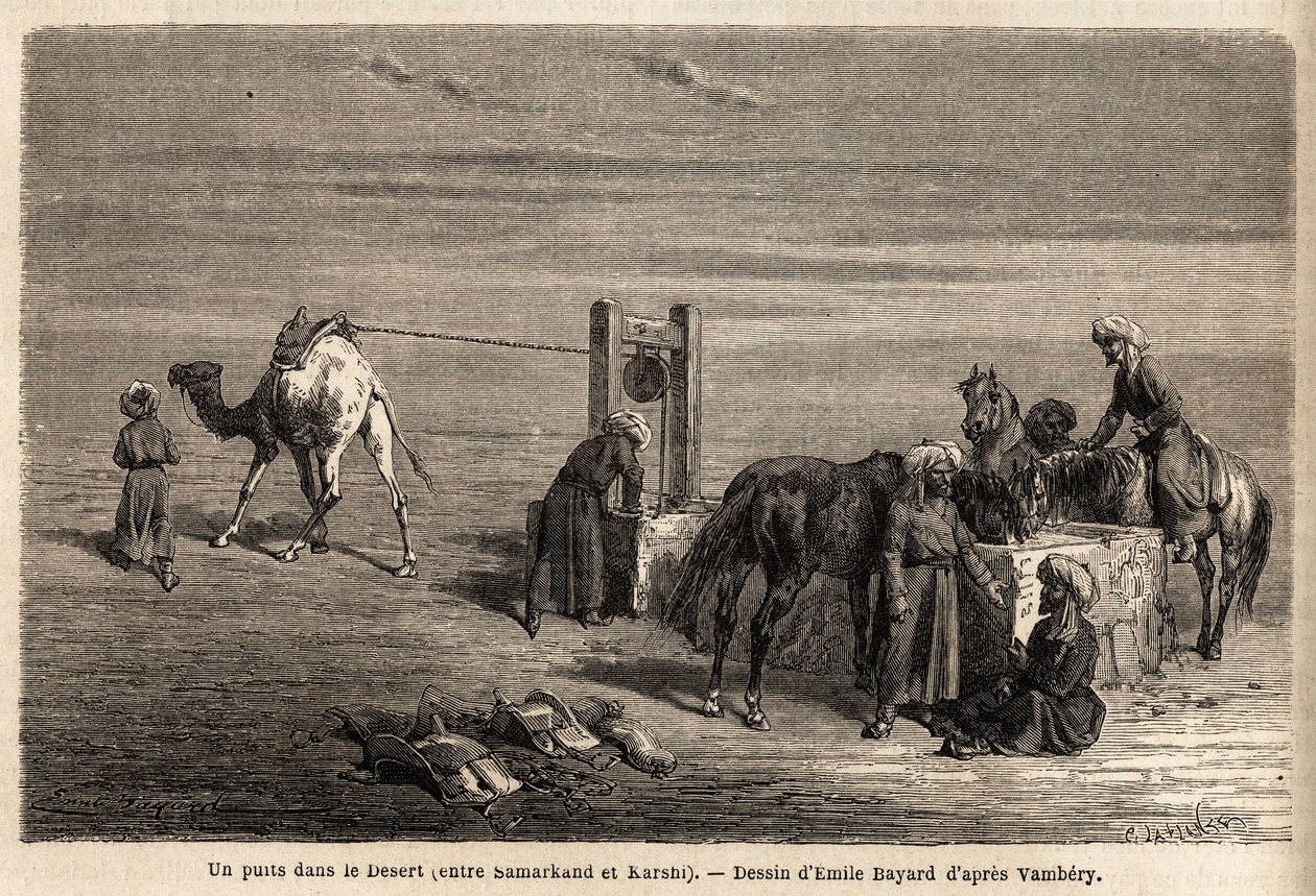 En brunn i öknen, mellan Samarkand och Karshi (städer i dagens Uzbekistan). Teckning av Emile Bayard (1837-1891), för att illustrera resan till Centralasien, 1863, av Arminius Vambery (ungersk vetenskapsman förklädd i dervisch). Gravyr i "" L av Unknown artist