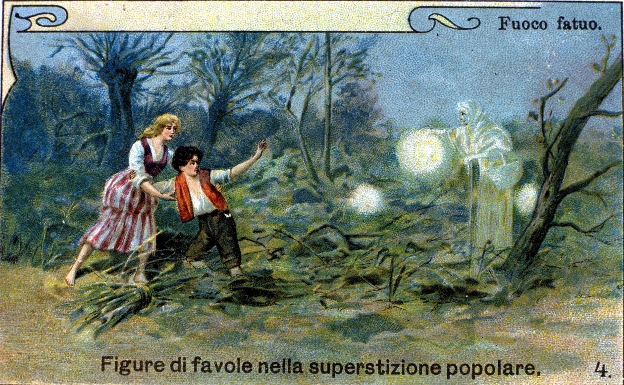 En vild eld, ett diffust ljus som kan ses på natten nära myrarna och kyrkogårdarna, skulle vara en smart ande från populär tradition. kromolitografi från 1800-talet. av Unknown artist