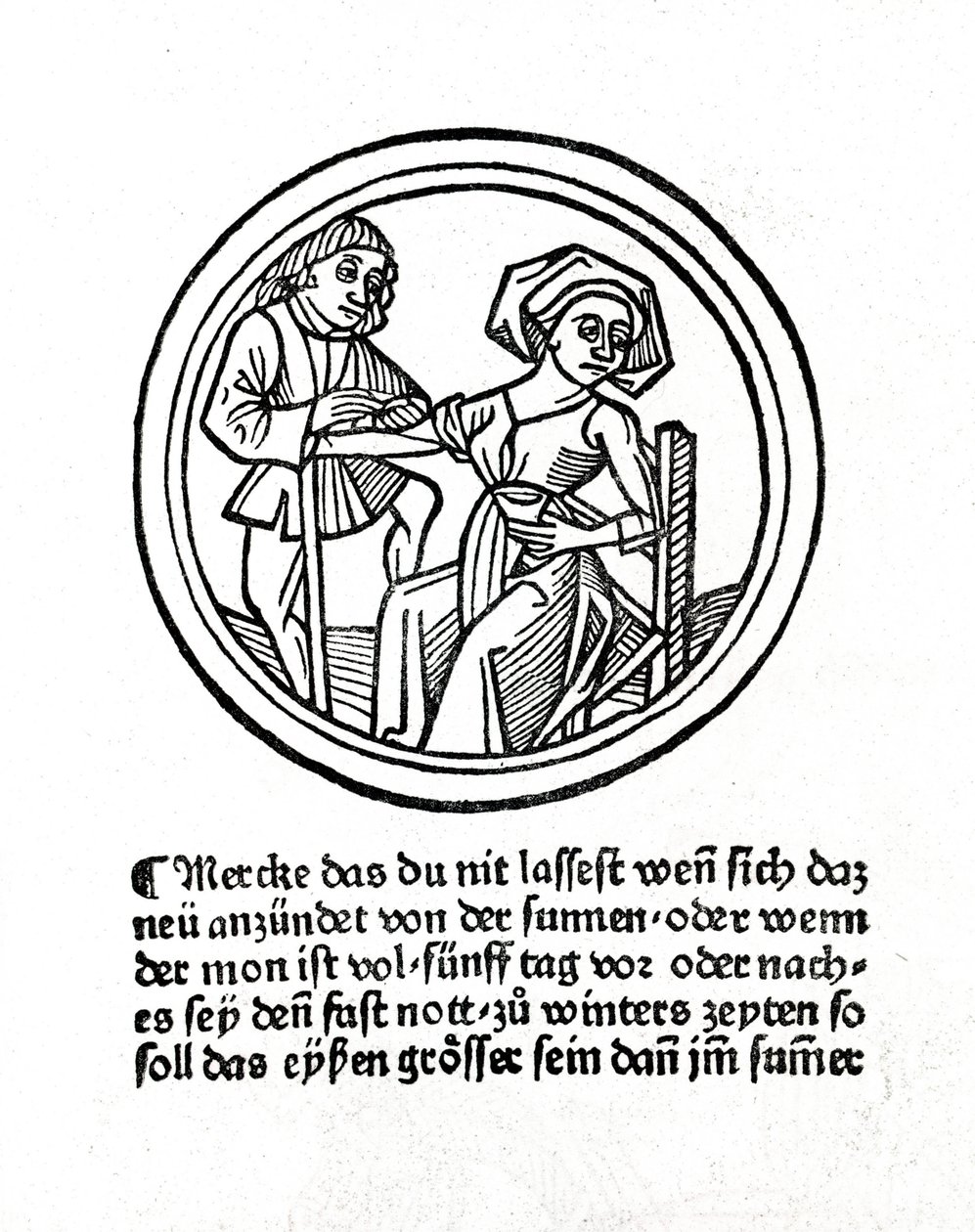 En kvinnas blödning. Xylografi i "Buch de Surgery" av Hyeronimus Braunschweig. Strasbourg 1497 av Unknown artist