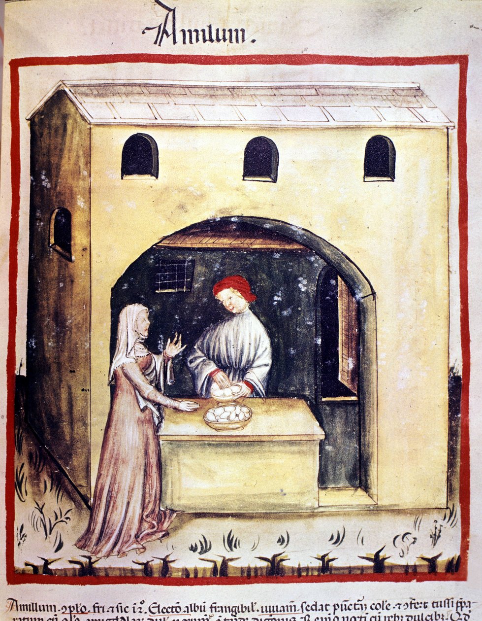 En ung kvinna köper ägg av en handlare. Belysning från mjölkning av medicin och diet "" Tacuinum sanitatis"" av Unknown artist