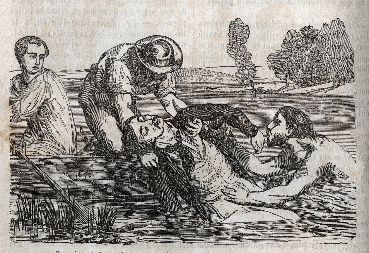 Olycksmedicin - på den mest effektiva lindring som kan ges till de drunknade - för att ta bort en drunknande man från vattnet måste du göra det så bekvämt som möjligt - gravering i "La Sante Universelle - Guide Medical des Families" 1852 av Unknown artist