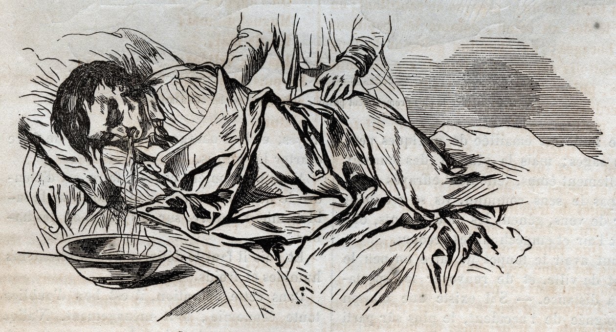Olycksmedicin - på den mest effektiva lindring att ge till de drunknade - valnötsblöjorna på sidan och spy av vattnet han drack - gravering i "La Sante Universelle - Guide Medical des Familles" 1852 av Unknown artist