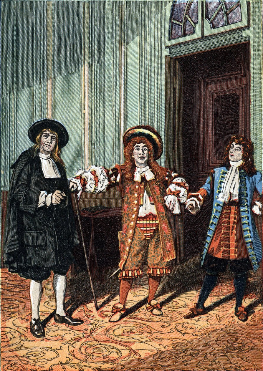 Akt II av "Le Bourgeois Gentilhomme"" komedi-balett i fem akter i prosa av Moliere. Mästarfilosofen (Mr. Lenoir), dansens mästare (Mr. Truffier), Mr. Jourdain (Mr. Coquelin yngre). Omkring 1890. av Unknown artist